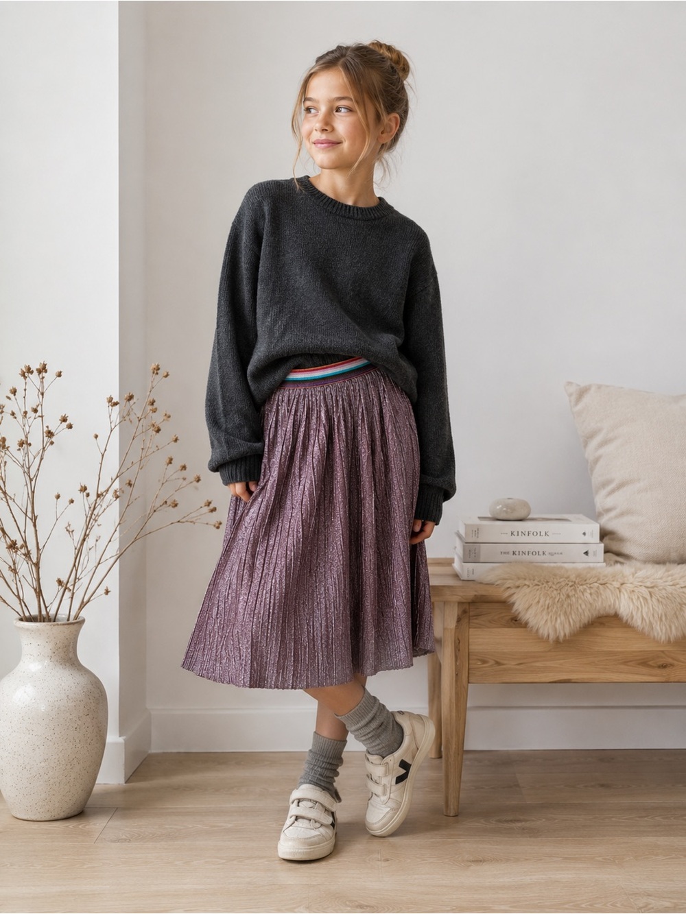 Molo Ballini Metallic Purple Pleated Midi Skirt Designer Kids size 10 Girls